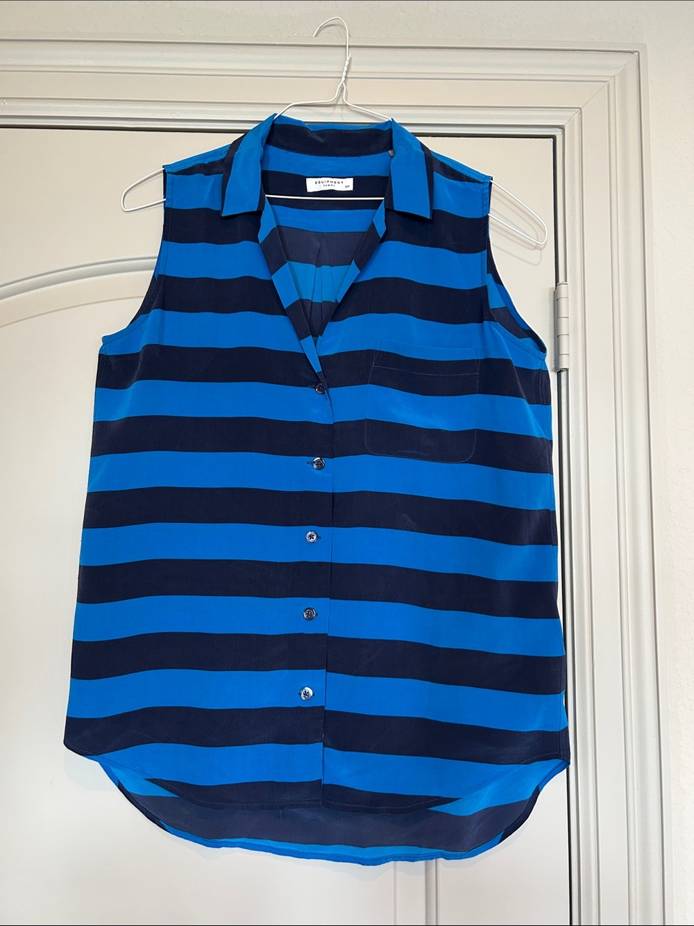 Equipment Blue/Navy Stripe Silk Sleeveless Blouse